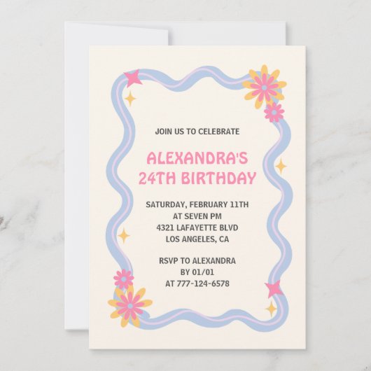 24e verjaardag uitnodiging Retro Groovy Pink Flowe (Voorkant)