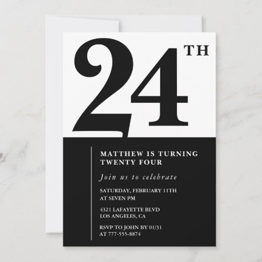 24e verjaardag uitnodigingen Zwart en Wit Elegant (Voorkant)