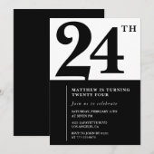 24e verjaardag uitnodigingen Zwart en Wit Elegant (Voorkant / Achterkant)