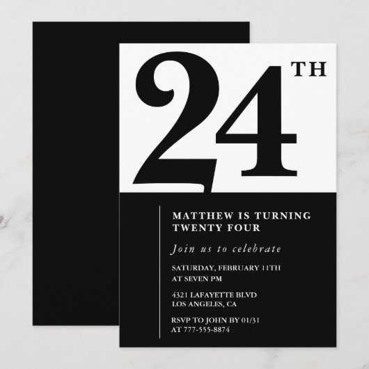 24e verjaardag uitnodigingen Zwart en Wit Elegant (Voorkant / Achterkant)