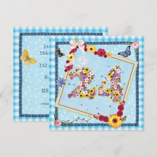 24e verjaardag Uitnodigingsbloemen, vlinders Kaart (Voorkant / Achterkant)