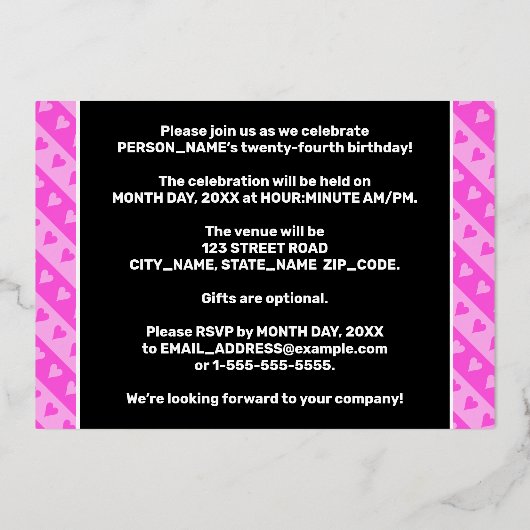 24e verjaardag van de opstand - vuurroze harten en folie uitnodiging (Achterkant)