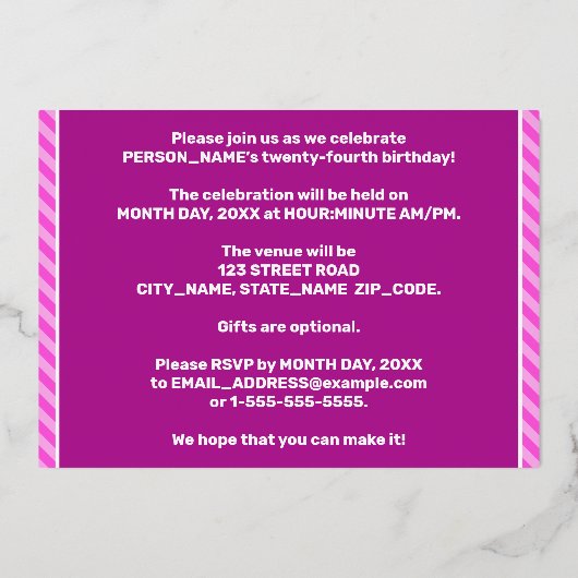 24e verjaardag — Vet, vun, roze band # 24 Folie Uitnodiging (Achterkant)