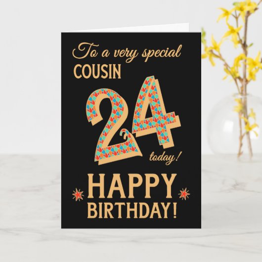 24e verjaardag, voor neef, gouden effect op zwart kaart (Gele Bloem)