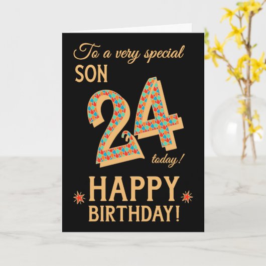 24e verjaardag, voor Zoon, Gold Effect op Zwart Kaart (Gele Bloem)