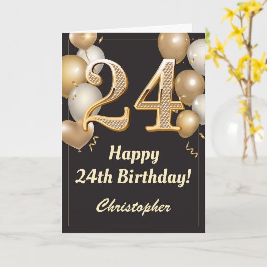 24e verjaardag zwarte en gouden ballonnen Confetti Kaart (Gele Bloem)