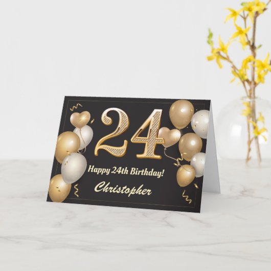 24e verjaardag zwarte en gouden ballonnen op zater kaart (Gele Bloem)