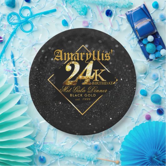 24K Zwart Glitter & Goud Elegant Verjaardag Papieren Bordje (Feest)