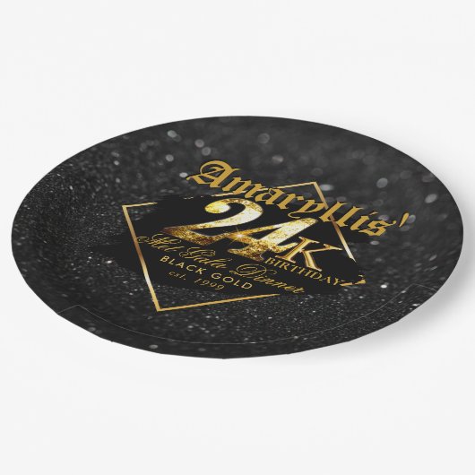 24K Zwart Glitter & Goud Elegant Verjaardag Papieren Bordje (Gekanteld)