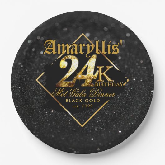24K Zwart Glitter & Goud Elegant Verjaardag Papieren Bordje (Voorkant)