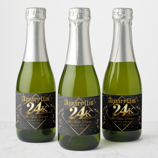 24K Zwart & Goud Luxe 24e verjaardag Elegant Sparkling Wijnetiket (Flessen)