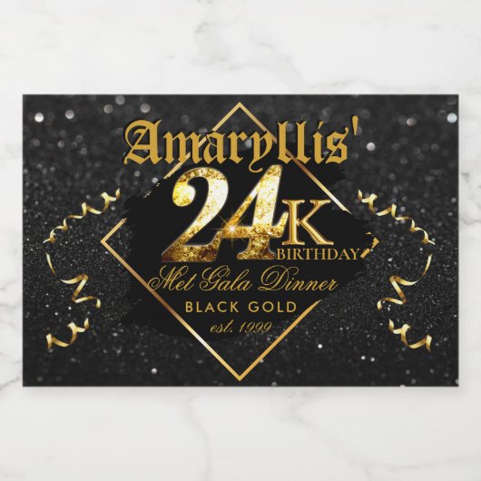 24K Zwart & Goud Luxe 24e verjaardag Elegant Sparkling Wijnetiket (Enkel label)