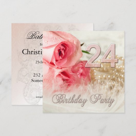 24ste verjaardag uitnodiging, rozen en parels kaart (Voorkant / Achterkant)