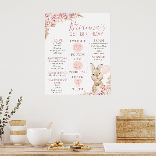 24x30 Boho Floral Bunny 1st Birthday Milestone Poster (Keuken)