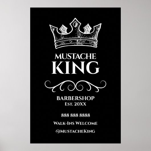 24x36 White Crown King Mustache Barbershop Teken Poster (Voorkant)