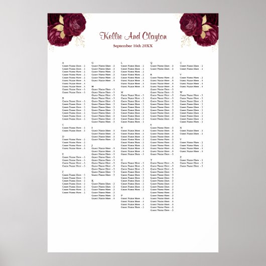 250 Bourgogne & Goud Bloemen Bruiloft Zitkaarten Poster (Voorkant)