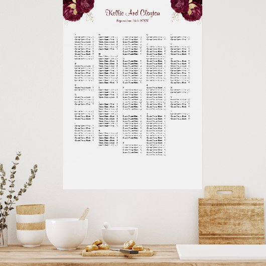 250 Bourgogne & Goud Bloemen Bruiloft Zitkaarten Poster (Keuken)