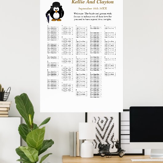 250 Funny Penguin Greeter Wedding Seating Chart Poster (Thuiskantoor)