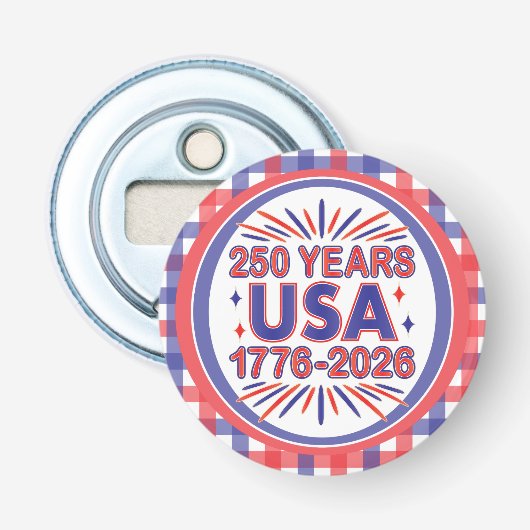 250 Jaar VS | 1776–2026 Semiquincentennial Button Flesopener (Voorkant)