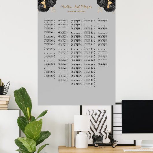250 Zwart en Goud Bloemen Bruiloft Zitkaarten Poster (Thuiskantoor)