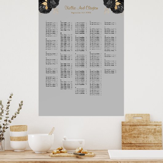 250 Zwart en Goud Bloemen Bruiloft Zitkaarten Poster (Keuken)