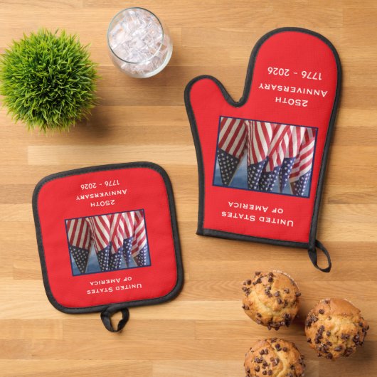 250ste Jubileum Amerikaanse Patriottische Vlaggen Ovenwant & Pannenlap Set (Top down)