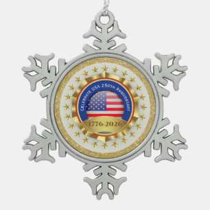 250ste Verjaardag USA Patriottisch 1776–2026 Tin Sneeuwvlok Ornament