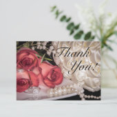 2586-Huwelijk Rozen met Ringen, Parels Bedankkaart (Staand voorkant)