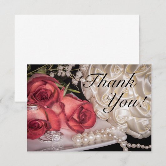 2586-Huwelijk Rozen met Ringen, Parels Bedankkaart (Voorkant / Achterkant)