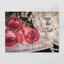 2586-Witte & Rode Rozen, Ringen, Boeket, Parels Briefkaart