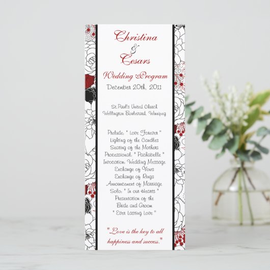 25 4 x 9 Trouwprogramma Zwarte Bloemen Rode blader Programmakaart (Staand voorkant)