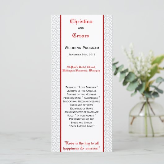 25 4x9 bruiloft programma grijs rood formele print programmakaart (Staand voorkant)