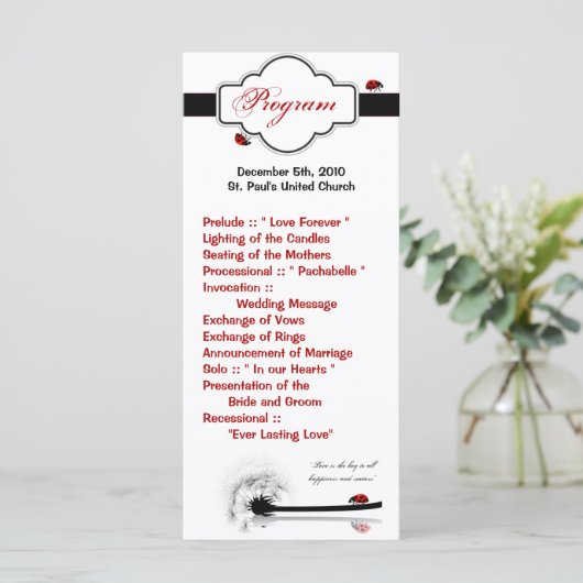 25 4x9 bruiloft programma Lady Bug Dandilion Bloem Programmakaart (Staand voorkant)