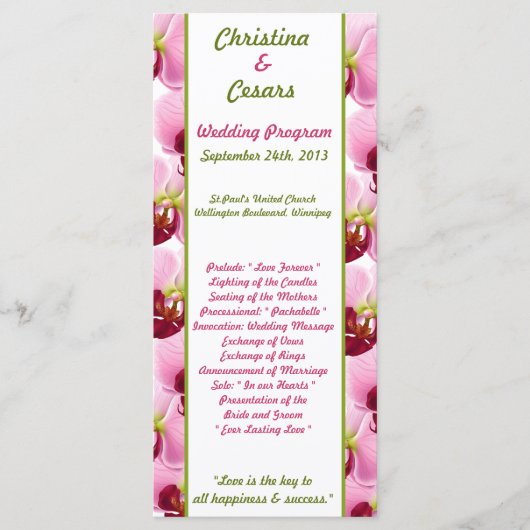 25 4x9 bruiloft programma roze orchidee lange stam programmakaart (Voorkant)
