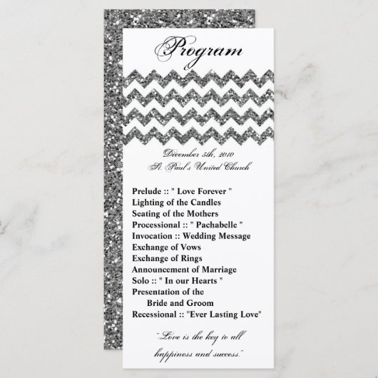 25 4x9 bruiloft programma zilveren glitter chevron programmakaart (Voorkant / Achterkant)