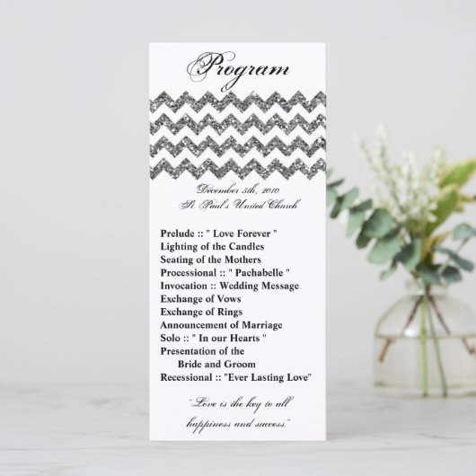 25 4x9 bruiloft programma zilveren glitter chevron programmakaart (Staand voorkant)