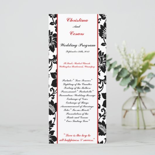 25 4x9 bruiloft programma zwart bloeien rode stree programmakaart (Staand voorkant)
