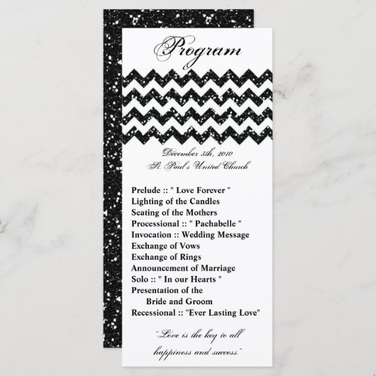 25 4x9 bruiloft programma zwart glitter chevron zi programmakaart (Voorkant / Achterkant)