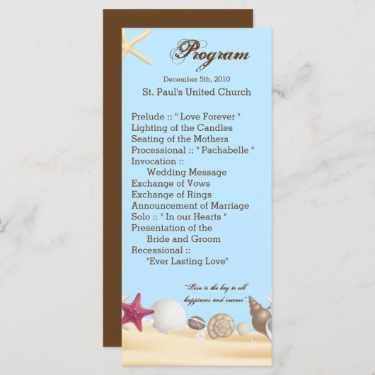 25 4x9 huwelijksprogramma Beach Sea Shells Ocean S Programmakaart (Voorkant / Achterkant)