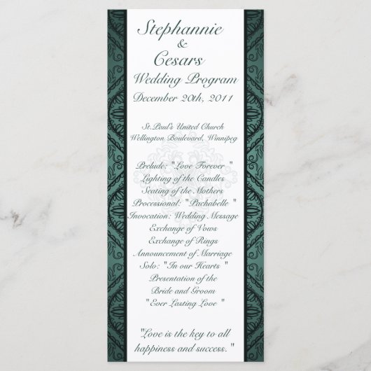 25 4x9 Huwelijksprogramma Blauwgroen  Damask Programmakaart (Voorkant)