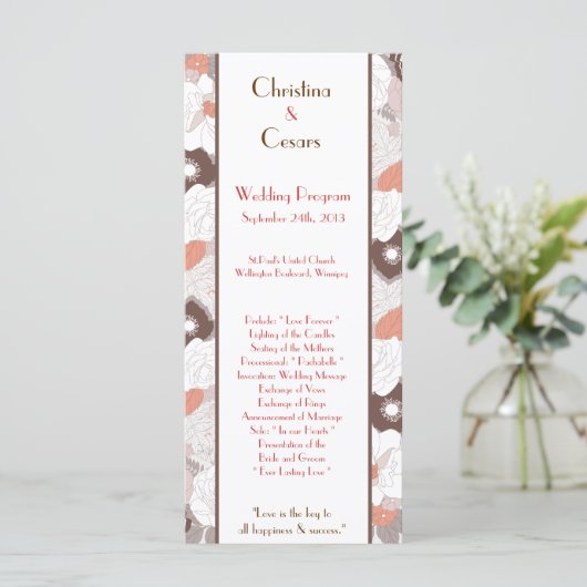 25 4x9 Huwelijksprogramma Coral Pink Brown Floral  Programmakaart (Staand voorkant)