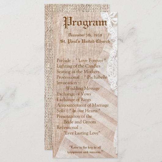 25 4x9 Huwelijksprogramma Country Lace Handkerchie Programmakaart (Voorkant / Achterkant)
