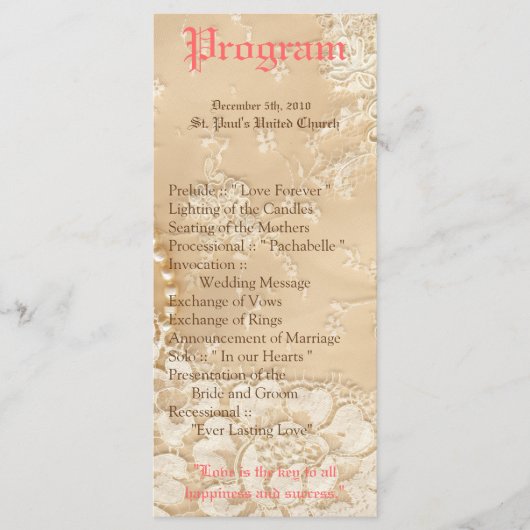 25 4x9 huwelijksprogramma Country Lace Victoriaans Programmakaart (Voorkant)