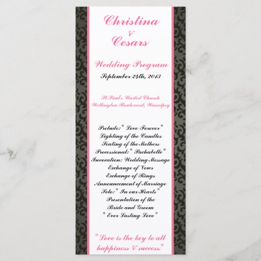 25 4x9 Huwelijksprogramma Damask/Stripes Roze Kroo Programmakaart (Voorkant)