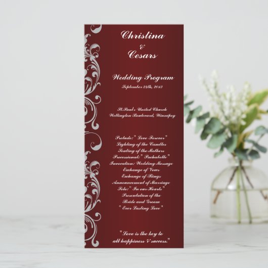 25 4x9 Huwelijksprogramma Dark Maroon Grey Swirls Programmakaart (Staand voorkant)