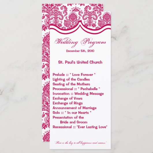 25 4x9 Huwelijksprogramma Fusia White Damask Lace  Programmakaart (Voorkant / Achterkant)