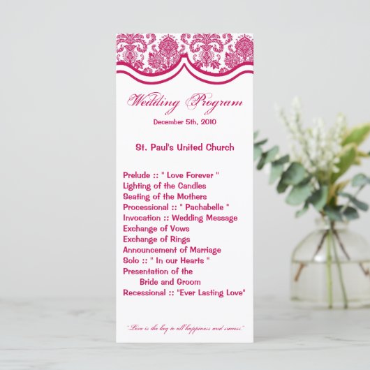 25 4x9 Huwelijksprogramma Fusia White Damask Lace  Programmakaart (Staand voorkant)