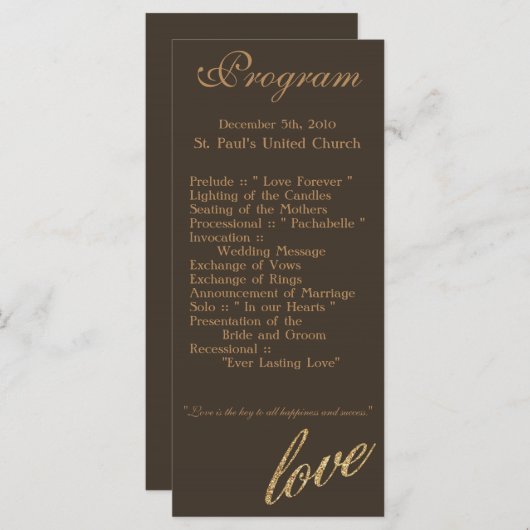 25 4x9 huwelijksprogramma Gouden folie Glitter Lie Programmakaart (Voorkant / Achterkant)