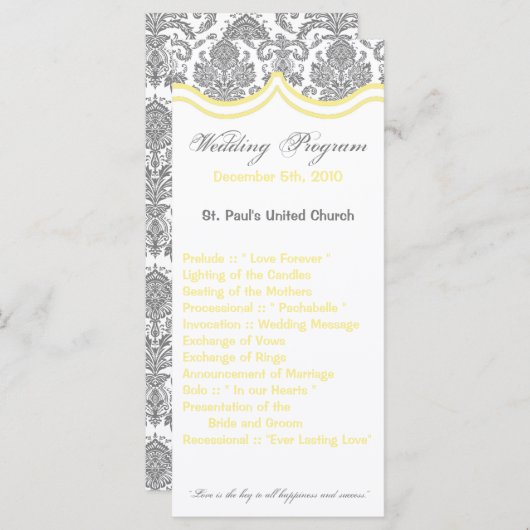 25 4x9 Huwelijksprogramma Grijs Geel Damask Kant Programmakaart (Voorkant / Achterkant)