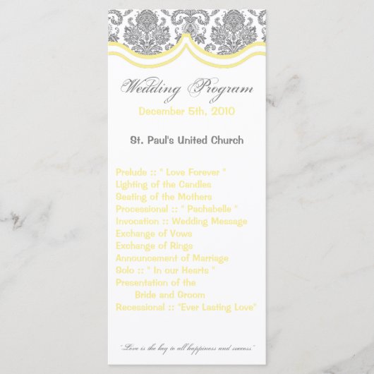 25 4x9 Huwelijksprogramma Grijs Geel Damask Kant Programmakaart (Voorkant)